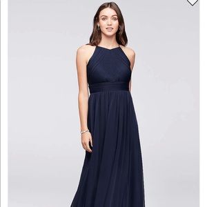 Davids Bridal Navy Micro-Pleated Mesh Halter Dress